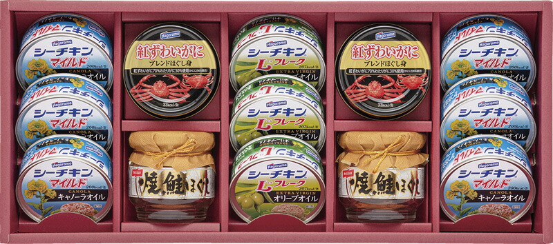 【ラッピング無料】はごろもフーズ バラエティシーフードギフト VX-50A シーチキンマイルドキャノーラオイル シーチキンLフレークオリーブオイル 紅ずわいがにブレンドほぐし身 焼鮭ほぐし