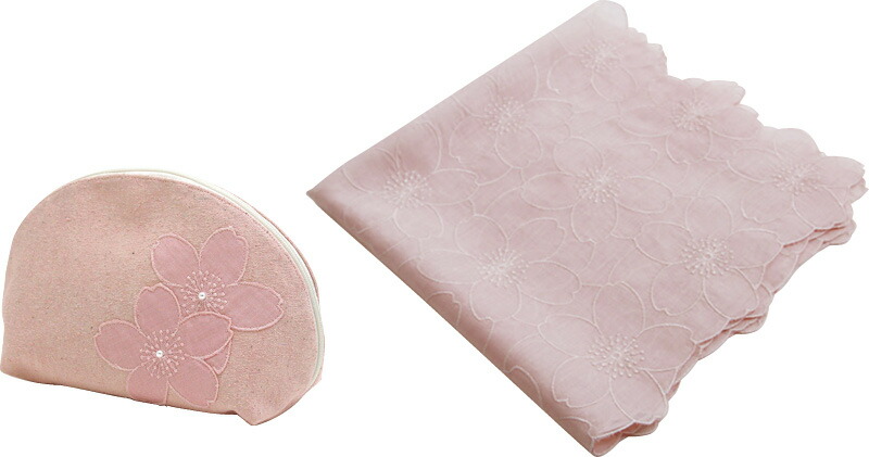 【ラッピング無料】国産 YUMEZAIKU さくら初め 桜染 ポーチ 綿レースハンカチ(大) セット 73788 日本製