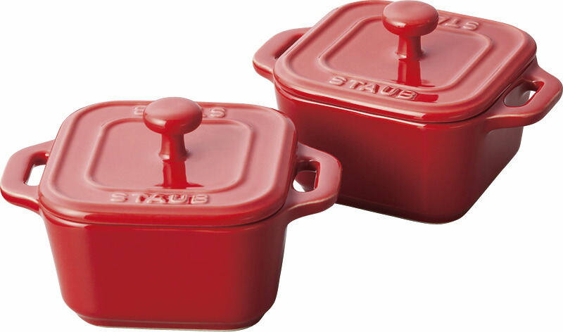 【ラッピング無料】ストウブ スクエアココットペアセット チェリー 40511-098-0 セラミック(耐熱陶器) 保存容器 キャニスター