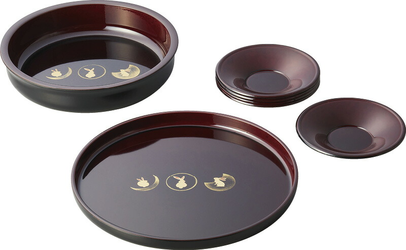 【ラッピング無料】国産 月うさぎ 溜塗 DX茶菓揃 42206 日本製 茶托 丸盆 菓子鉢