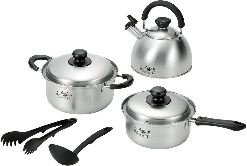 【ラッピング無料】国産 燕人の匠 桜吟 キッチンツール5点セット ETS-1500 日本製 両手鍋 片手鍋 笛吹きケトル お玉 トング