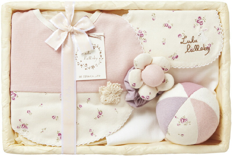 【ラッピング無料】国産 ルル ララバイ祝い花セット 5942-0350 日本製 スタイセット 花モチーフスタイ 汗とりパット リストガラガラ ボール 竹籠