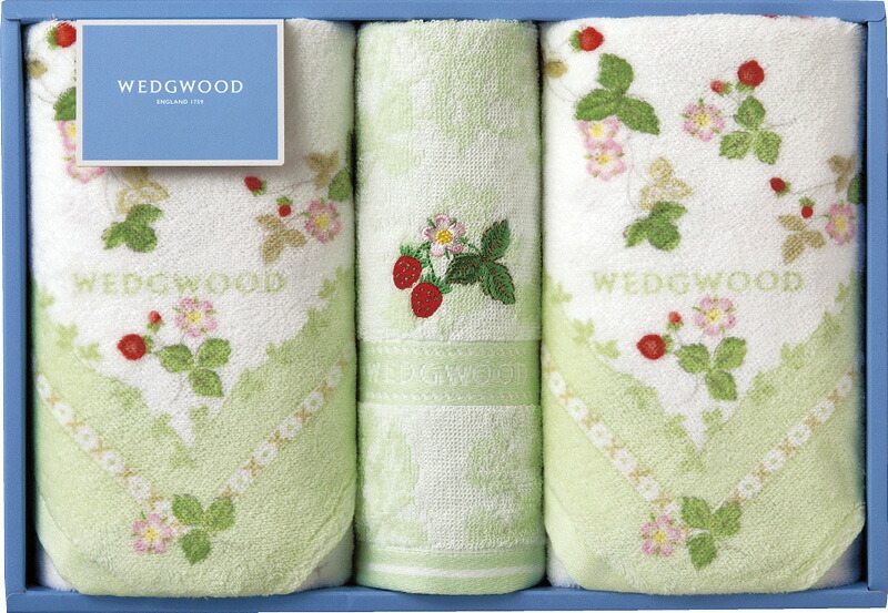 【ラッピング無料】国産 ウェッジウッド ワイルドストロベリー フェイスタオル 2P ＆ ウォッシュタオル グリーン TT88250601G 綿100% 日本製