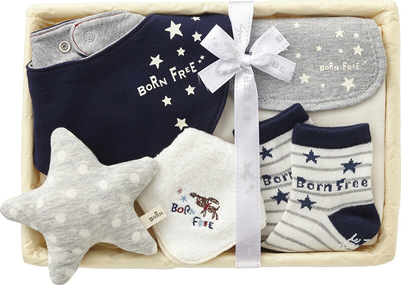 【ラッピング無料】国産 ボーンフリー ウィッシュ きらきら星セット 2844-0370-NB 日本製 スタイセット ソックス足 スタイ 汗とりパット プチタオル ガラガラ星 竹籠