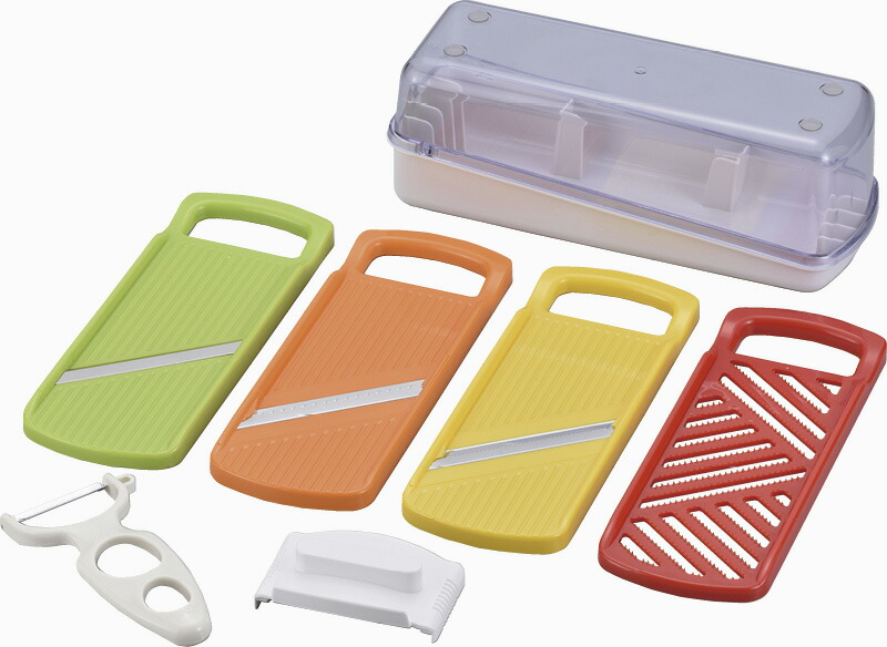 【ラッピング無料】国産 ビタミンアイランド マルチ スライサー ＆ ピーラーセット ME-7288 日本製 千切り つま切り おろし 三徳ピーラー 安全ホルダー 収納ケース 容器