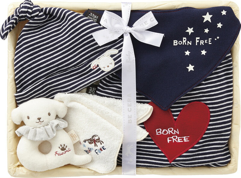 【ラッピング無料】国産 ボーンフリー ドリーム 星のおさんぽセット 2857-0550-NB 日本製 スタイセット キャップ スタイ パンツ プチタオル リングガラガラシュシュ付 竹籠