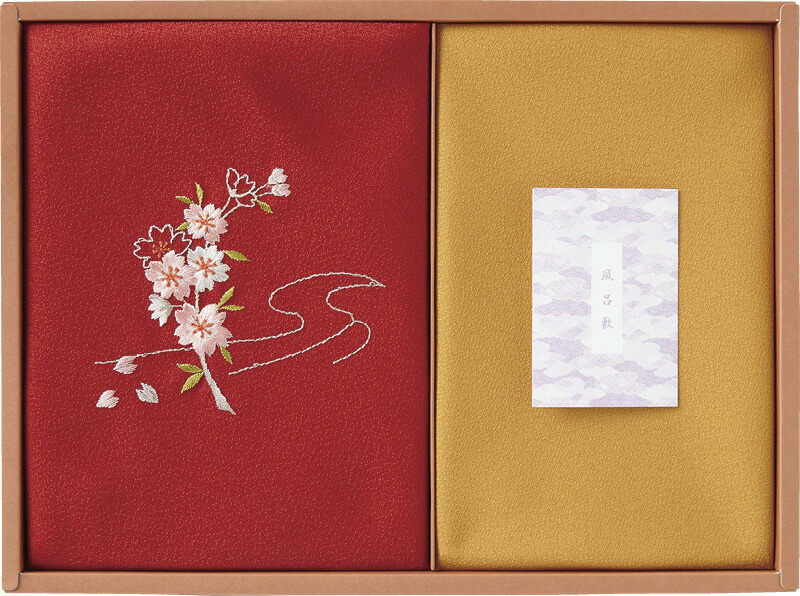 【ラッピング無料】国産 草花の遊び 刺繍入り二巾風呂敷 ＆ 金封包み 赤 250-14A 日本製