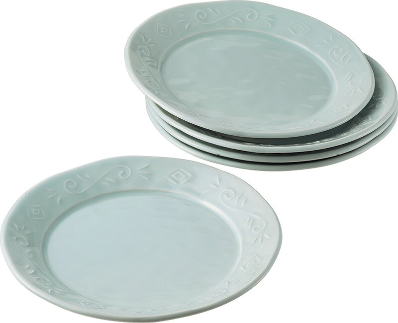 【ラッピング無料】国産 波佐見焼 青白磁凜水 唐草紋 7寸皿5客揃 004-658 日本製 プレート