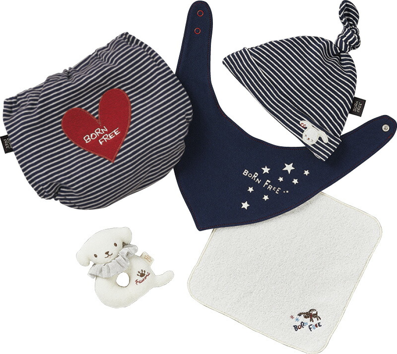 【ラッピング無料】国産 ボーンフリー ドリーム 星のおさんぽセット 2857-0550-NB 日本製 スタイセット キャップ スタイ パンツ プチタオル リングガラガラシュシュ付 竹籠 - 画像 (3)