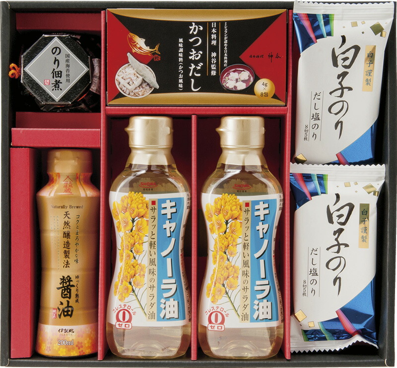 【ラッピング無料】和の調味料詰合せ SI-CZ 昭和キャノーラ油 白子のり 味のり だし塩のり 伊賀越 天然醸造?油 のり佃煮瓶詰 かつおだし