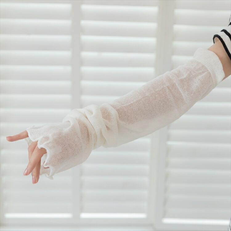 【送料無料】うるおい シルク100% アームカバー　日本製 オフホワイト/ブラック色 フリー エコニット 国産 絹 UV 紫外線カット 敏感肌 保湿 天然 セリシン レビュー おしゃれ - 画像 (5)