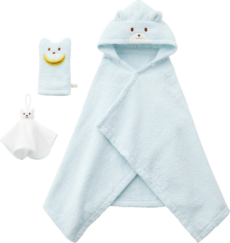 【ラッピング無料】国産 ミキハウス バスポンチョセット ブルー 40-3817-579-15 綿100% 日本製 ハンドタオル バスミトン