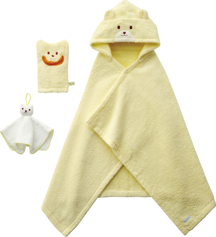 【ラッピング無料】国産 ミキハウス バスポンチョセット イエロー 40-3817-579 綿100% 日本製 ハンドタオル バスミトン