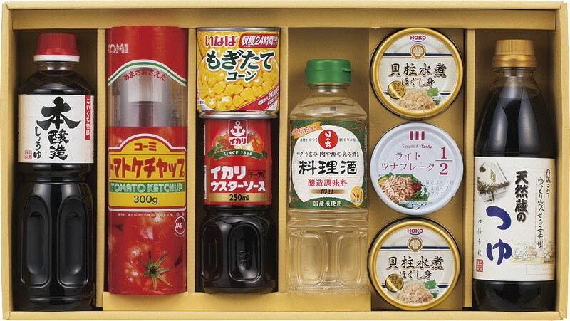 【ラッピング無料】コーンで健康調味料セット KOM-50 宝幸 貝柱水煮ほぐし身 サンビシ しょうゆ 伊賀越 つゆ 日の出 料理酒 コーミトマトケチャップ イカリ ウスターソース いなば コーン ホテイ ツナフレーク