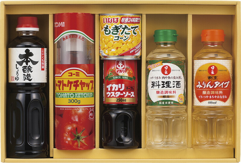 【ラッピング無料】コーンで健康調味料セット KOM-30 サンビシ本醸造しょうゆ 日の出 料理酒 みりんタイプ コーミトマトケチャップ特級 イカリテーブルウスターソース いなばもぎたてコーン