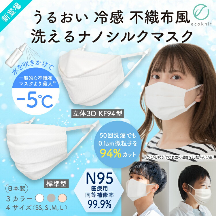 【送料無料】うるおい 接触冷感 不織布風 洗える ナノシルクマスク N95級 日本製 立体3D・KF94/標準型 大人用 S/M/L子供用 SS ホワイト 白/ピンクブラウン/グレー 色 日本製 エコニット 絹 国産 医療用水準 スポーツ レビュープレゼント