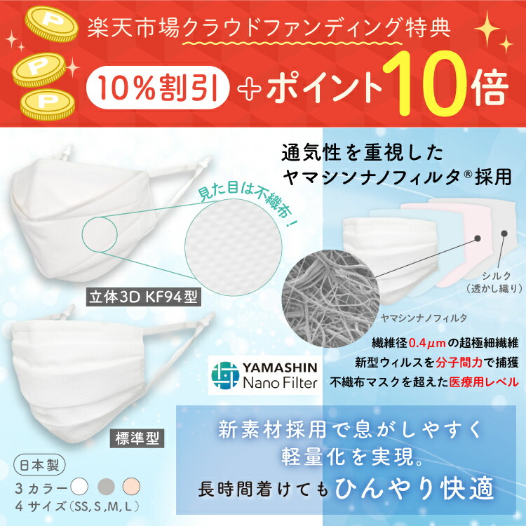 【送料無料】うるおい 接触冷感 不織布風 洗える ナノシルクマスク N95級 日本製 立体3D・KF94/標準型 大人用 S/M/L子供用 SS ホワイト 白/ピンクブラウン/グレー 色 日本製 エコニット 絹 国産 医療用水準 スポーツ レビュープレゼント - 画像 (3)