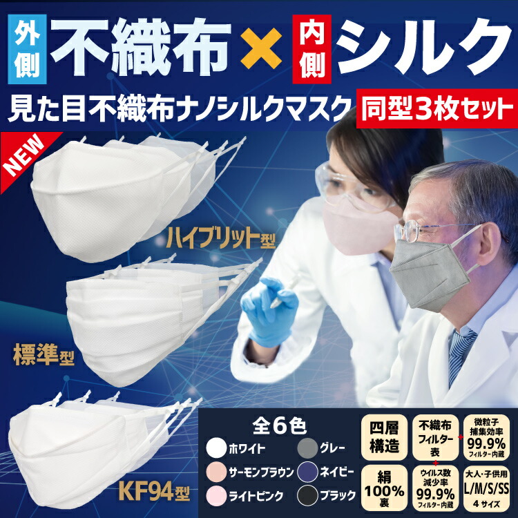 【送料無料】[3枚割引] 小杉織物 見た目不織布ナノシルクマスク　日本製 N95級 立体3D/ハイブリッド/KF94/標準 大人 S/M/L ホワイト 白/サーモンブラウン/ライトピンク/グレー/ネイビー/ブラック SS 子供 国産 絹 医療用並 レビュー