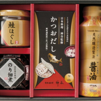 【ラッピング無料】和の調味料詰合せ SI-AE 伊賀越 天然醸造?油 のり佃煮瓶詰 鮭ほぐし かつおだし