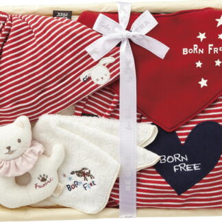 【ラッピング無料】国産 ボーンフリー ドリーム 星のおさんぽセット 2857-0550-R 日本製 スタイセット キャップ スタイ パンツ プチタオル リングガラガラシュシュ付 竹籠