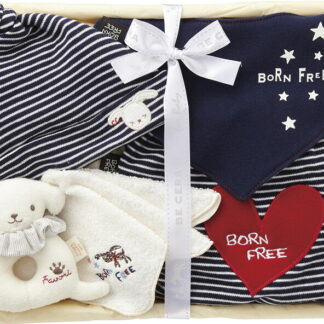 【ラッピング無料】国産 ボーンフリー ドリーム 星のおさんぽセット 2857-0550-NB 日本製 スタイセット キャップ スタイ パンツ プチタオル リングガラガラシュシュ付 竹籠