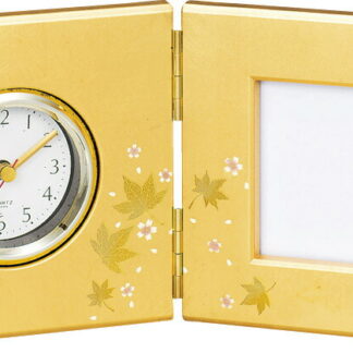 【ラッピング無料】国産 金銀箔工芸 華かすみ 写真立て付 屏風 時計 5093-23 日本製 置き時計