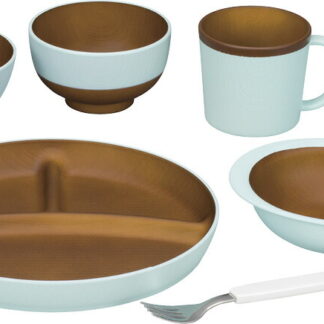 【ラッピング無料】国産 ウッディ キッズ5点セット ブルー 16938 日本製 食器セット 汁椀 飯椀 ボウル マグ プレート フォーク