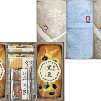 【ラッピング無料】今治タオル ＆ 和菓子詰合せ IMZ-50 国産黒豆パウンドケーキ 欧風ヴァッフェル フェイスタオル どら焼き ウォッシュタオル