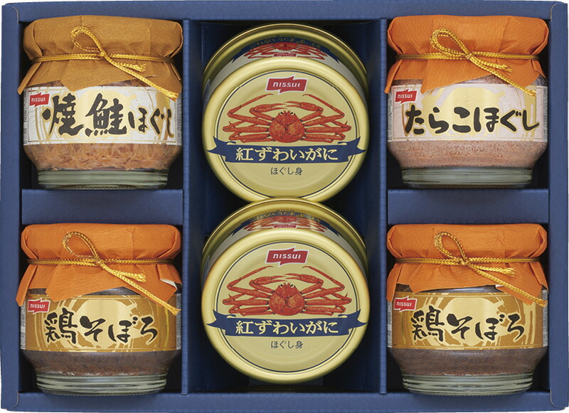 【ラッピング無料】ニッスイ 紅ずわいがに缶詰・瓶詰ギフトセット BK-30B 紅ずわいがにほぐし身 鶏そぼろ 焼鮭 たらこ ほぐし