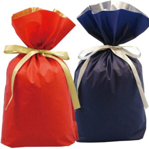 梨地 リボン付きギフトバッグ ネイビー(紺色)/レッド(赤色)