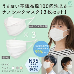 【送料無料】[3枚割引] うるおい 不織布風 100回洗える ナノシルクマスク　N95級 日本製 立体3D･KF94型標準 大人用 S/M/L ホワイト 白/ピンクブラウン/グレー エコニット 絹 国産 医療用水準 レビュー