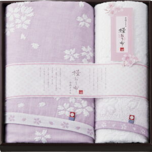 【ラッピング無料】国産 今治製タオル 桜おり布 バスタオル & フェイスタオル パープル IS8640PU 綿100% 日本製