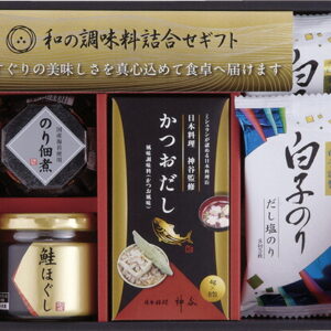 【ラッピング無料】和の調味料詰合せ ZC-BE 白子味のり だし塩のり 伊賀越天然醸造醤油 のり佃煮瓶詰 鮭ほぐし かつおだし