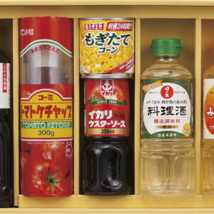 【ラッピング無料】コーンで健康調味料セット KOM-30 サンビシ本醸造しょうゆ 日の出 料理酒 みりんタイプ コーミトマトケチャップ特級 イカリテーブルウスターソース いなばもぎたてコーン