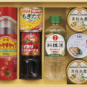 【ラッピング無料】コーンで健康調味料セット KOM-50 宝幸 貝柱水煮ほぐし身 サンビシ しょうゆ 伊賀越 つゆ 日の出 料理酒 コーミトマトケチャップ イカリ ウスターソース いなば コーン ホテイ ツナフレーク