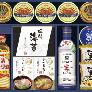 【ラッピング無料】日清オイリオ 食卓バラエティセット CIH-100R ニッスイ 紅ずわいがにほぐし身 宝幸 貝柱水煮ほぐし身 たまごスープ キッコーマン生しょうゆ サラダ油 ニッスイさば水煮 かね七 有明海産味のり