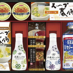 【ラッピング無料】ヤマサ 卓上鮮度 減塩しょうゆ & フリーズドライ・スープギフト HG-70 ニッスイ かにほぐし身 キャノーラ油 春雨 野菜 スープ 海鮮風塩味 豆腐と油揚げ 2種のきのこの赤だし おみそ汁 永谷園 お吸いもの