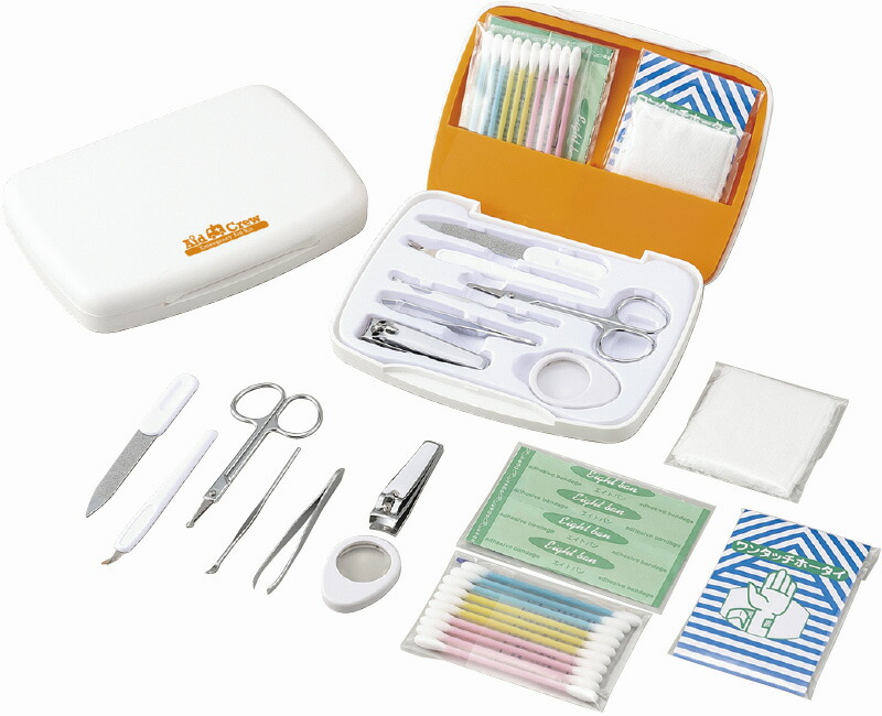 【ラッピング無料】エイドクルー#88 8105-23 救急箱 救急セット 綿棒 キズテープMパフ 専用ケース 爪切り ハサミ 耳かき 毛抜き兼ピンセット 爪ヤスリ キューティクルカッター ルーペ ワンタッチ包帯