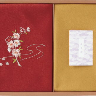 【ラッピング無料】国産 草花の遊び 刺繍入り二巾風呂敷 ＆ 金封包み 赤 250-14A 日本製
