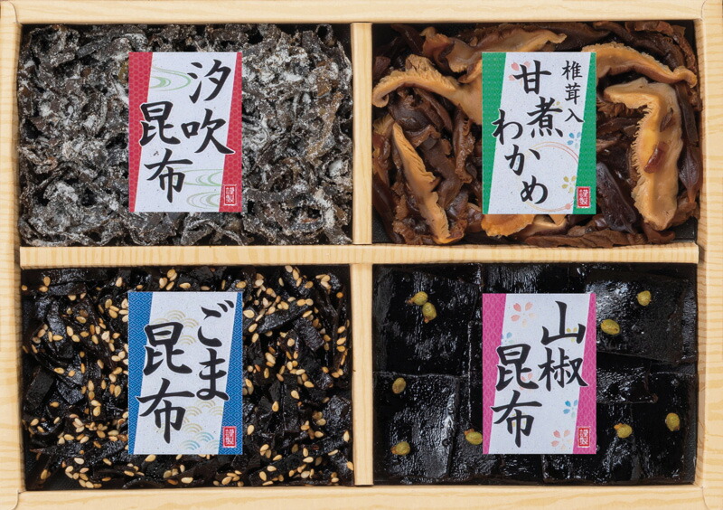 【ラッピング無料】廣川昆布 風味彩々 佃煮4品詰合せ 209-21 ごま昆布 山椒昆布 椎茸入甘煮わかめ 汐吹昆布