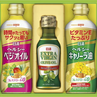 【ラッピング無料】日清オイリオ オリーブオイル ＆ バラエティオイルギフト OV-15N ヘルシーキャノーラ油 ヘルシーベジオイル エキストラバージンオリーブオイル