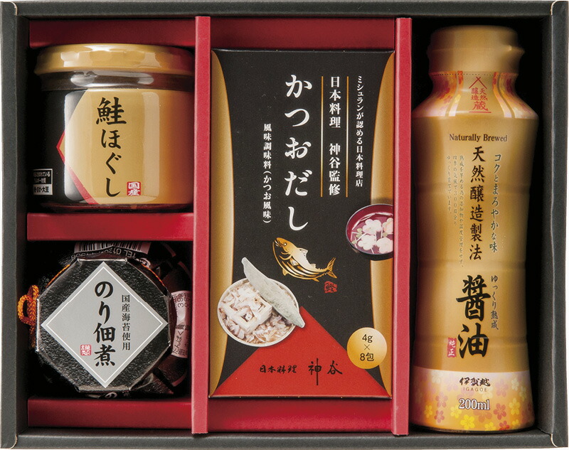 【ラッピング無料】和の調味料詰合せ SI-AE 伊賀越 天然醸造?油 のり佃煮瓶詰 鮭ほぐし かつおだし