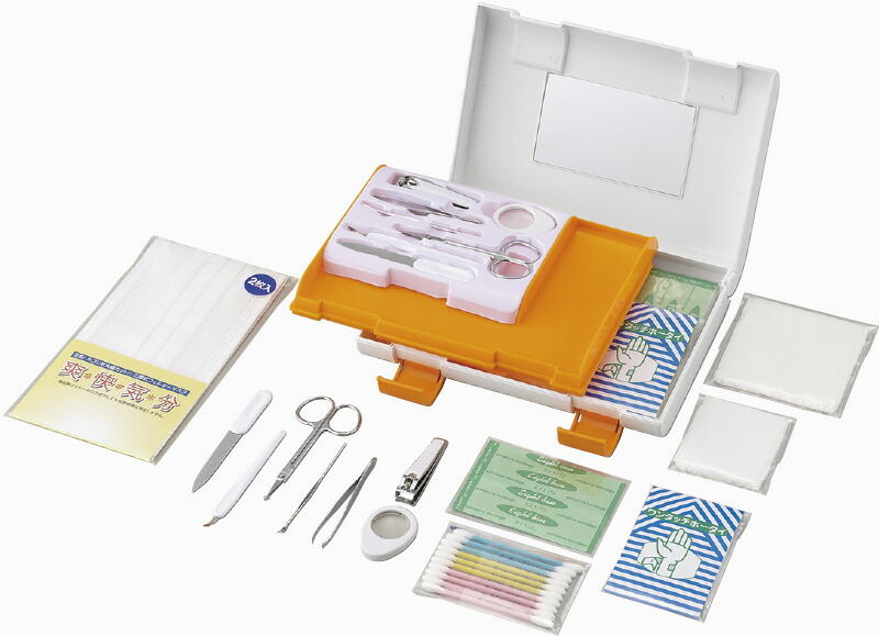 【ラッピング無料】エイドクルー#150 8107 救急箱 救急セット 綿棒 ガーゼ キズテープパフ マスク 専用ケース 鏡付 爪切り ハサミ 耳かき 毛抜き兼ピンセット 爪ヤスリ キューティクルカッター ルーペ ワンタッチ包帯