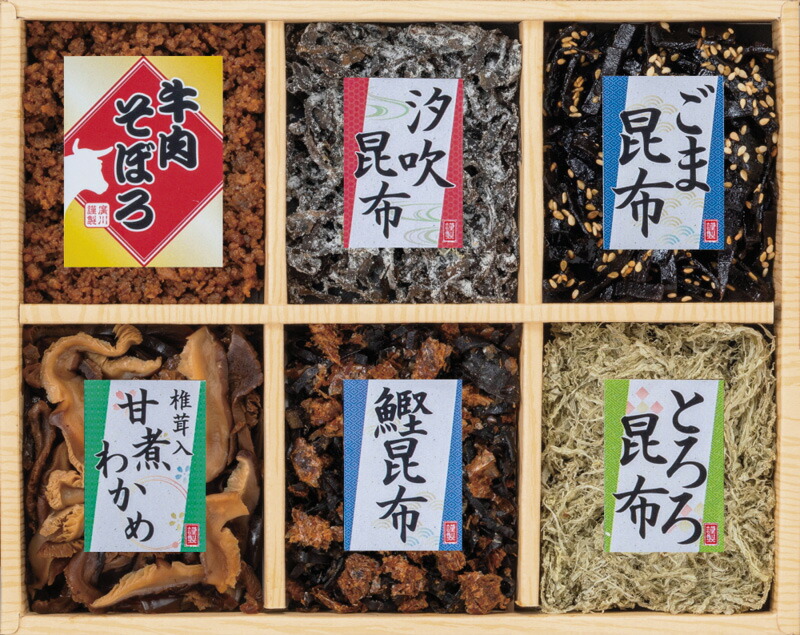 【ラッピング無料】廣川昆布 風味彩々 佃煮６品詰合せ 209-22 ごま昆布 椎茸入甘煮わかめ 国産牛肉そぼろ 汐吹昆布 鰹昆布 とろろ昆布