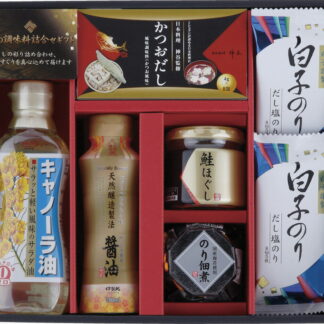 【ラッピング無料】和の調味料詰合せ SI-BE 白子のり 味のり だし塩のり 昭和キャノーラ油 伊賀越 天然醸造?油 のり佃煮瓶詰 鮭ほぐし かつおだし
