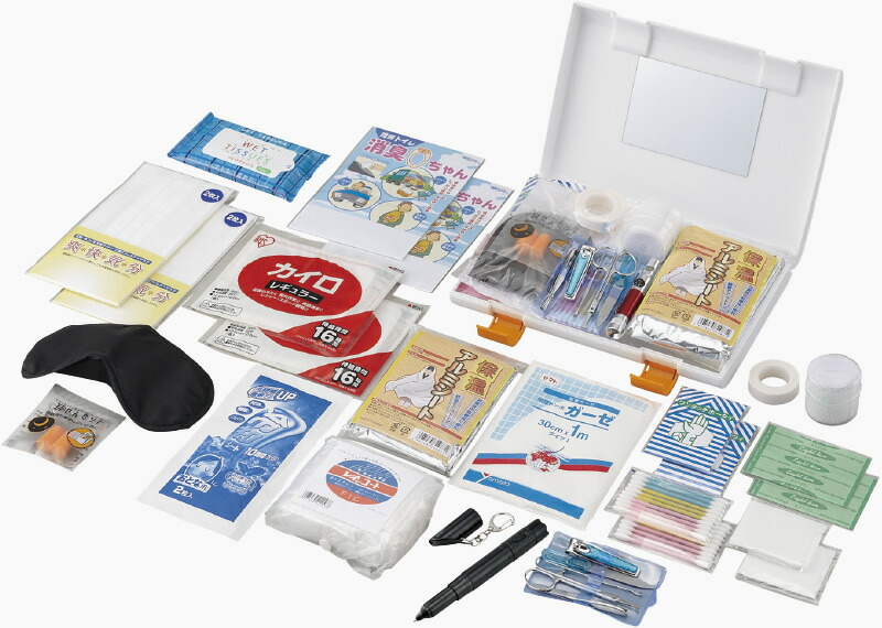 【ラッピング無料】エイドクルー #500 8113-23 救急箱 キズテープ 包帯 パフ カイロ トイレ マスク 綿棒 専用ケース 冷却シート ウェットティッシュ グルーミン ガーゼ テープ レインコート 断熱シート ライト 安眠 セット
