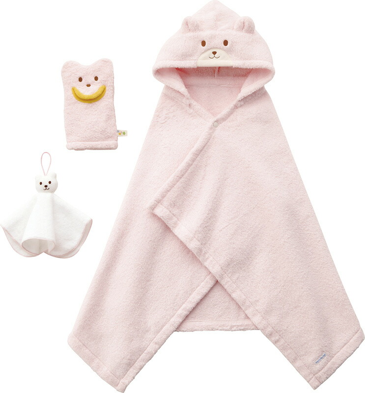 【ラッピング無料】国産 ミキハウス バスポンチョセット ピンク 40-3817-579-08 綿100% 日本製 ハンドタオル バスミトン
