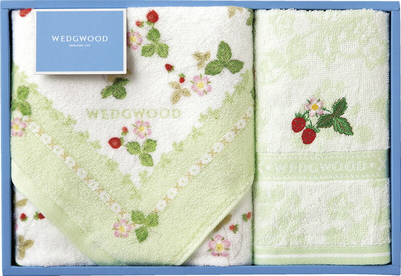 【ラッピング無料】国産 ウェッジウッド ワイルドストロベリー フェイスタオル ＆ ウォッシュタオル グリーン TT88150601G 綿100% 日本製