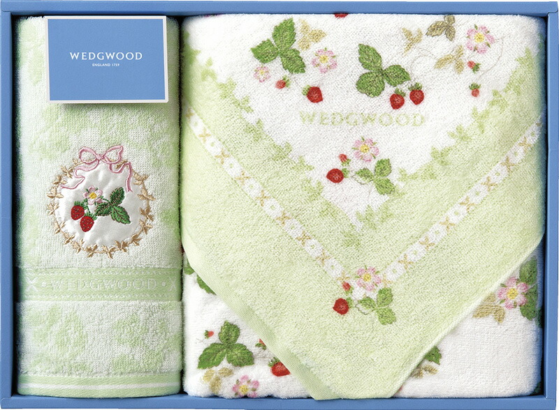 【ラッピング無料】国産 ウェッジウッド ワイルドストロベリー バスタオル ＆ フェイスタオル グリーン TT88400601G 綿100% 日本製