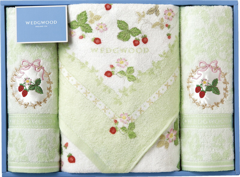 【ラッピング無料】国産 ウェッジウッド ワイルドストロベリー バスタオル ＆ フェイスタオル 2P グリーン TT88500601G 綿100% 日本製
